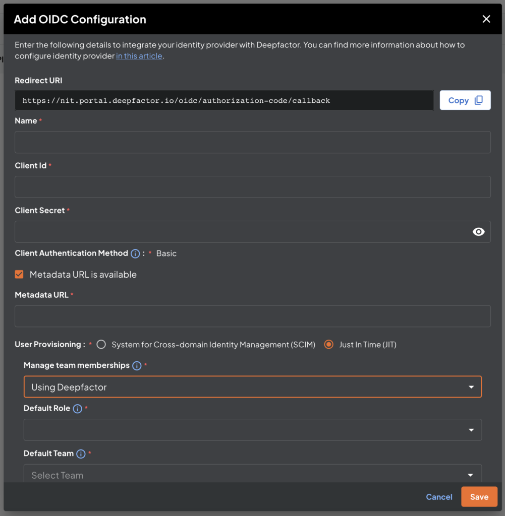 OIDC integration form
